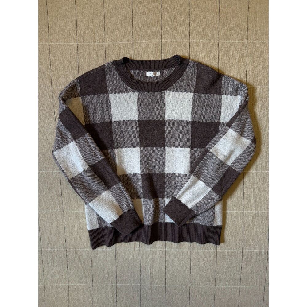 Brown Gingham Sweater Women's Medium Plaid Knit Preppy Cozy Fall Gingham Sweater